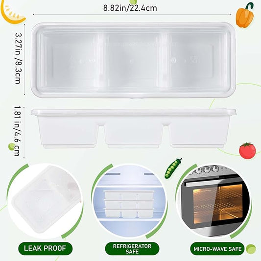Hushee 100 Pack 17 oz Small Meal Prep Containers 3 Compartments with Lids, Disposable Plastic Bento Boxes Reusable Stackable Food Containers Travel Lunch Boxes for Office, Picnic (White)