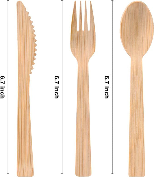 Pre Rolled Napkin and Bamboo Cutlery Set - 50Pack Bamboo Utensils/Compostable Cutlery(50 Forks, 50 Knives, 50 Spoons, 50 Napkins), Biodegradable Wrapped Cutlery for Party, Wedding, Events