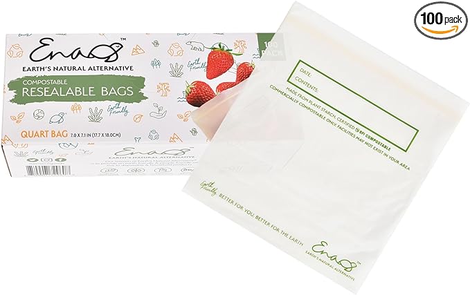 100% Compostable Food Storage Bags [Quart 100 Pack] Eco-Friendly Freezer Bags, Resealable Bags, Heavy-Duty, Reusable, Off-White by Earth's Natural Alternative
