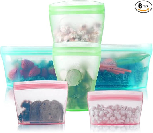 Reusable food container silicone bag, Upgrade second generation 6 Pcs Containers Storage, 100% Silicone Reusable Food Bag, Stand Up Preservation Bag, Rounded interior for easy cleaning.