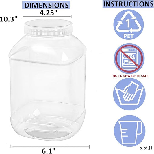 ZOOFOX 2 Pack Clear Plastic Jars, 1.5 Gallon Square Storage Containers with Screw-On Lids, Refillable Empty Jars for Kitchen & Household Storage of Dry Goods, Peanut, Candy, Airtight