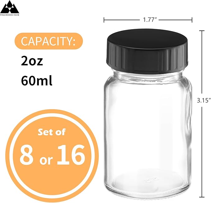 2oz Glass Jars with Lids - Glass Shot Bottles Set for Liquids, Juicing, Ginger Shot, Sample - Small Containers with Screw Caps - Clear Mini Round Bottles - Leakproof/Wide Mouth - 8 pack