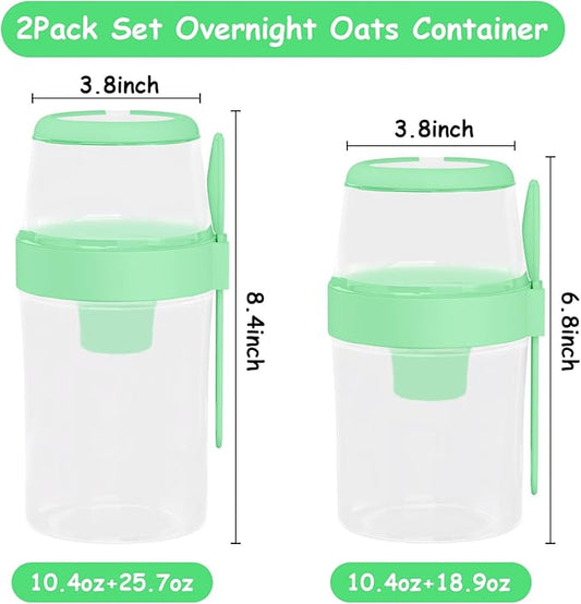 2 Pack Reusable Leak-Proof Overnight Oats Container with Dual-Layer Compartment, Built-in Dipping Box, with Spoon & Airtight Lids, Meal Prep Jar for Yogurt Parfait, Chia Pudding (Green)