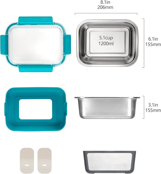 Stainless Steel Lunch Box with Silicone Sleeve/Bento Box/Food Storage Containers-Leak-Proof,Reusable and Microwavable-Ideal for Work & Travel-On-the-Go Meal Prep - Dishwasher Safe-41Oz Extra Large
