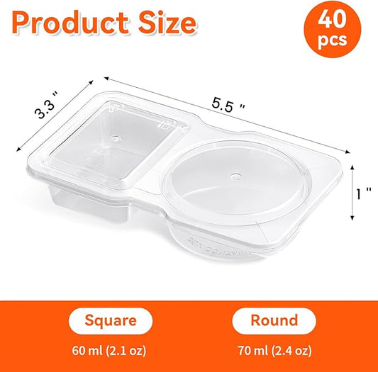 Qeirudu 40 Sets 4.5 oz Reusable Plastic Snack Containers, Double Compartment Condiment Containers with Lids for Meal Prep, Dipping Sauce, Portion Control, Travel Snack