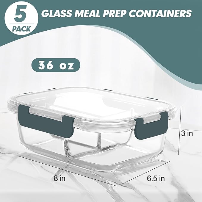 Glass Meal Prep Containers 3 Compartments, 5 Pack 36 oz, Glass Food Storage Containers with Lids, Airtight Lunch Bento Box, Portion Control, Freezer and Microwave Safe