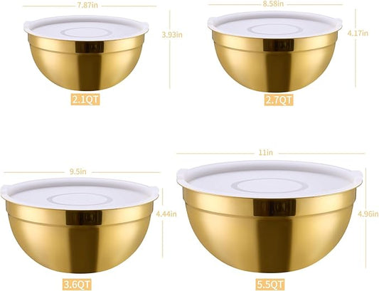 4-Piece Gold Stainless Steel Mixing, Cereal, Dessert, Rice, Fruit, Dipping Bowl Set With Airtight Lid, Unbreakable Deep Soup Bowl
