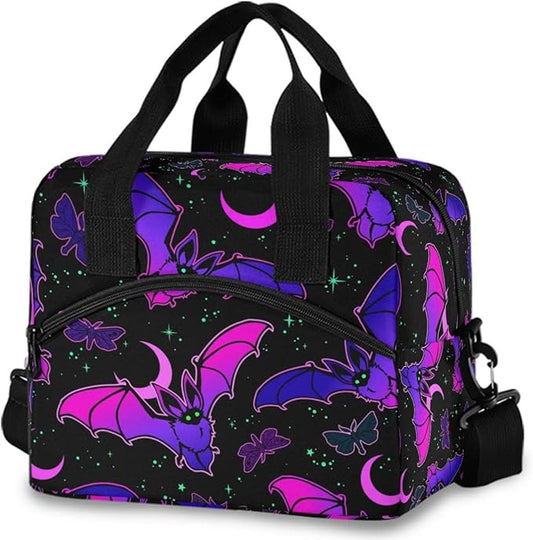 MNSRUU Insulated Lunch Bag - Purple Bat Gothic Lunch Box with Adjustable Shoulder Strap - Reusable, Leakproof Cooler Bag for Work, School