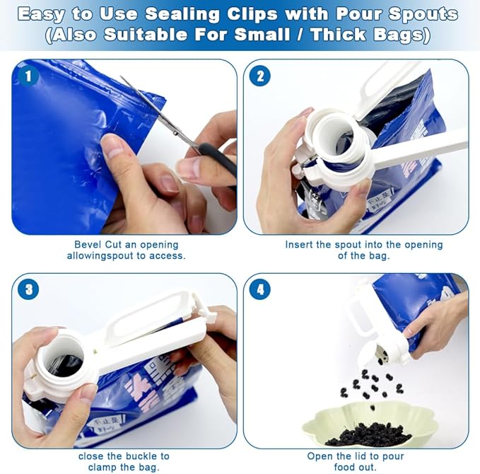 zxbaers 3PCS Food Bag Sealing Clip with Pour Spout and 6PCS Squeeze and Lock Bread Bag Clips, Bread Clips Resuable, Snack Clip for Cereal, Snacks And All Food Storage and Organization