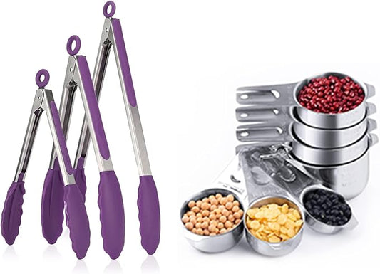 U-Taste Purple 7/9/12 inches Cooking Tongs, with 600ºF High Heat-Resistant Non-Stick Silicone Tips and 18/8 Stainless Steel Measuring Cup Set of 7
