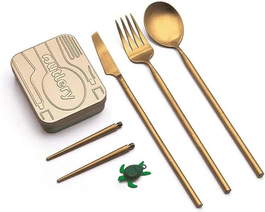 Outlery | Portable & Reusable Stainless Steel Travel Cutlery Set and Reusable Chopsticks (Metallic Gold) Pocket Sized Cutlery Set