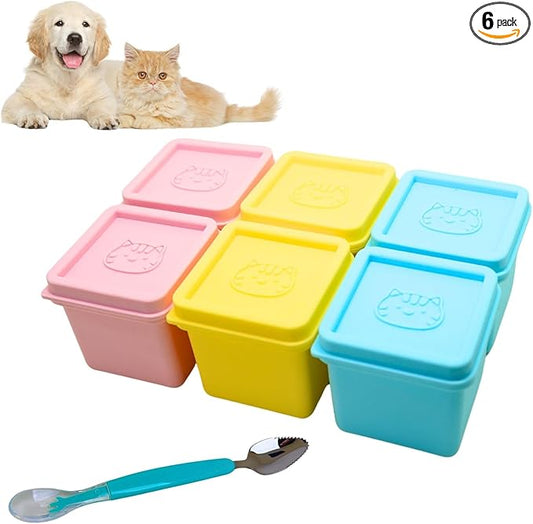 2ME Silicone Pet Food Containers 4Oz each with Scoop - 6 Pack Freezer Safe, Airtight Freshness Lids for Wet Food - Odor-Resistant Dishwasher Trays, Reusable Meal Prep Box to Keep Pet Food Fresh