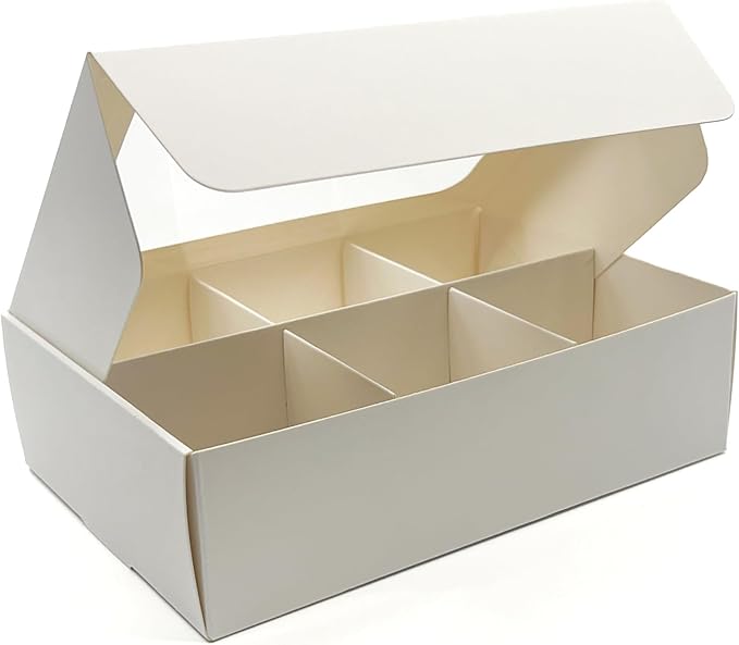 Treat boxes with window and dividers | 6 SMALL compartments | 6.5 x 4.5 x 1.9 in | Chocolate covered strawberries supplies, macaron boxes, baked goods packaging | 20-pack (White)