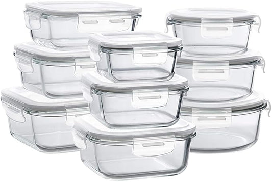 Bayco Glass Storage Containers with Lids, 9 Sets Glass Meal Prep Containers Airtight, Glass Food Storage Containers, Glass Containers for Food Storage with Lids - Leak Proof