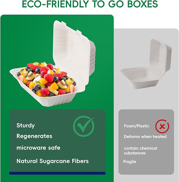 JOLLY CHEF Clamshell To Go Containers, [9 * 6" 75-Pack], Sugarcane To Go Boxes for Salad, Lunch
