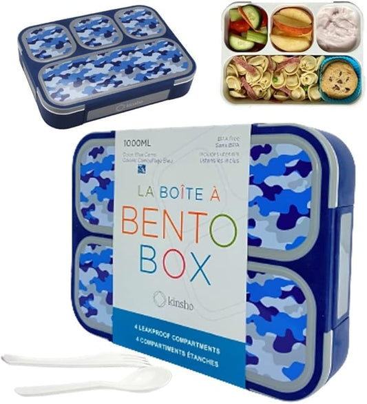 kinsho Camo Lunch-Box for Boys, Bento Box for Kids | Portion Containers for Snacks or School Lunches, BPA Free Boxes Meal Containers Loncheras Para Niños | Blue Camouflage 4 Compartments