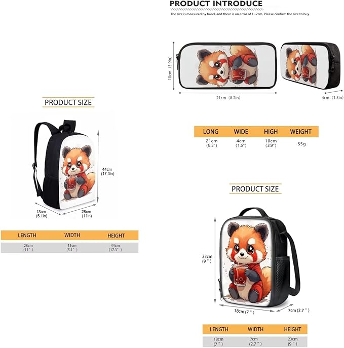 Dolyues Cute Raccoon Girls 3-Piece Backpack Set: 17 Inch School Bag, Double-Shoulder Lunch Pack & Pencil Pouch - Lightweight & Waterproof for Ages 6-12
