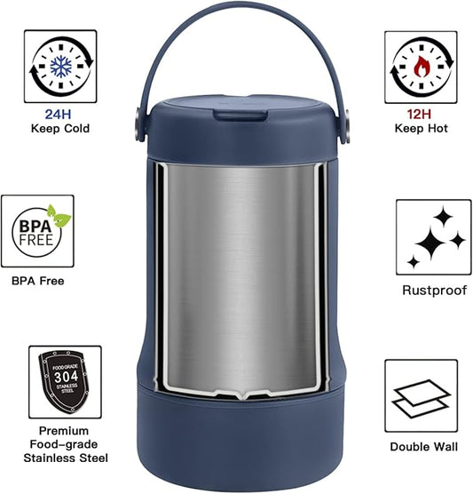 Ideus 20 oz Insulated Soup Thermo with Foldable Spolk and Bowl, All-in-one Stainless Steel Vacuum Thermal Food Jar for Lunch, Leakproof Bento Lunchbox Portable Soup Container, Navy Blue