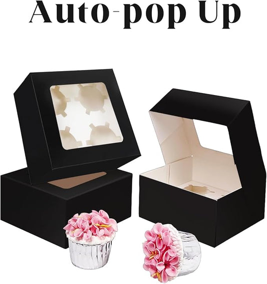 qiqee Auto-pop Up 4 Cupcake Boxes with Window Black 30 Packs Cupcake Box 6.3"x6.3"x3" Bakery Boxes For Cupcakes Carrier, Cupcake Containers