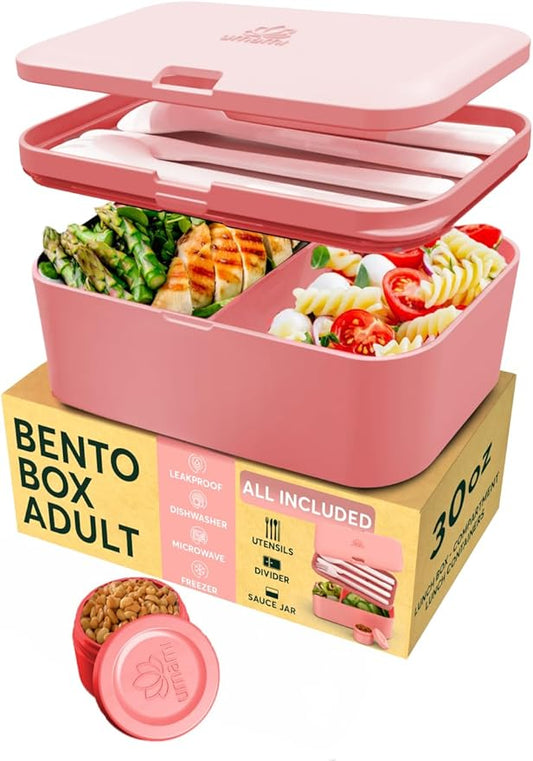 Umami Lunch Box Containers w/ 4 Utensils, 2 Sauce Jars, Nestable Space-Saving Bento Box Adult, 100% Leakproof, Microwavable Lunch Containers for Adults, Design Award Winner, Coral Pink, 30 oz