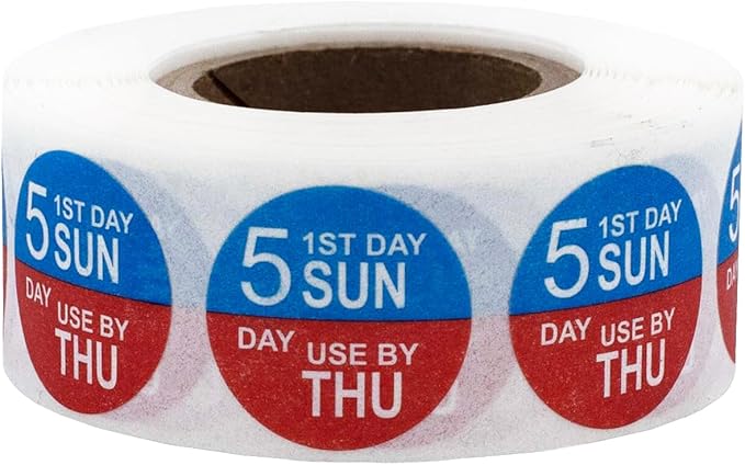 Dissolvable Sunday Through Thursday 5 Day Food Rotation Labels Use by 3/4 Inch 500 Adhesive Stickers