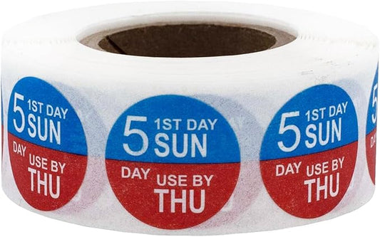 Dissolvable Sunday Through Thursday 5 Day Food Rotation Labels Use by 3/4 Inch 500 Adhesive Stickers