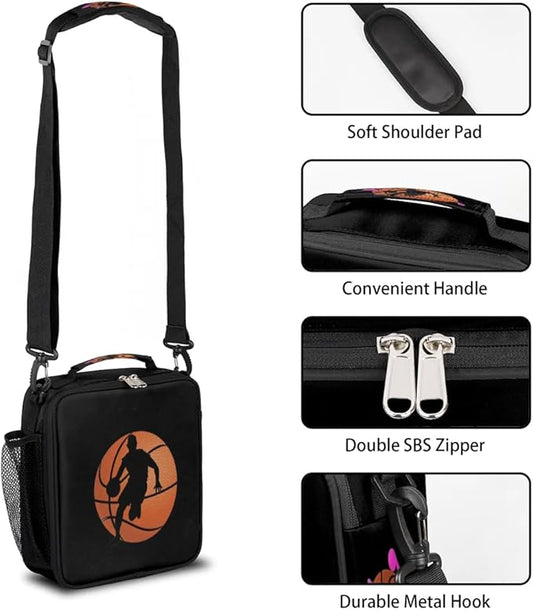 Lunch Box for Kids Boys Girls Black Basketball Kids Lunch Bag Insulated Lunch Bag Tote with Adjustable Shoulder Strap Teens Lunchbox Cooler School Picnic