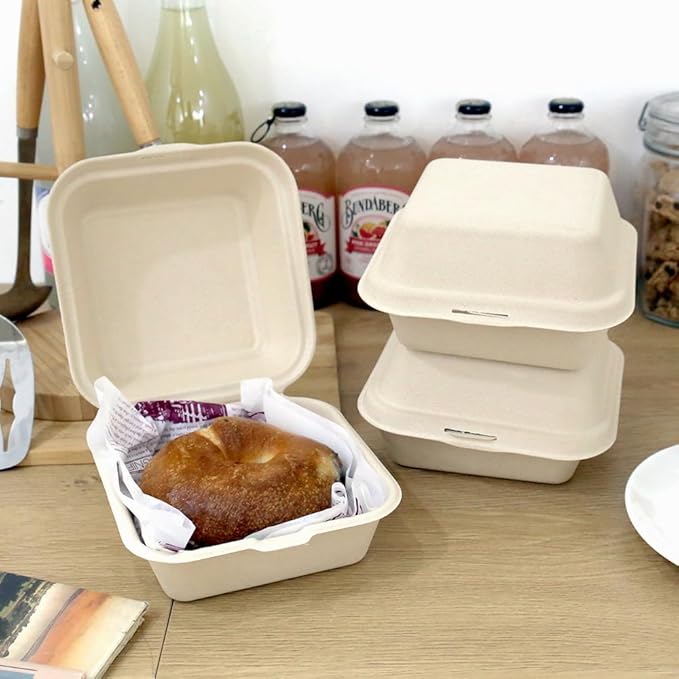 Clamshell Kraft To Go Containers - (50 Pack) 6" X 6" Food Take Out Bagasse Fiber Pulp Compostable Disposable Boxes With Lids For Burger Salad Sandwich Steak Parties