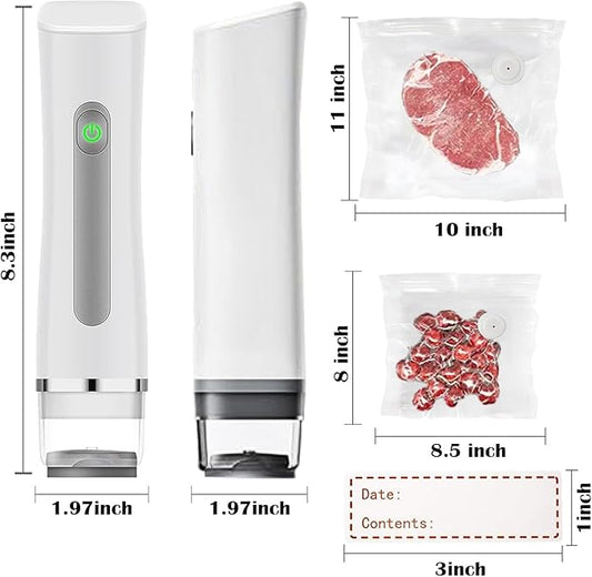 Vacuum Sealer with Visible Water Tank,White Handheld Vacuum Sealer for Freshness Storage,60kpa Food Saver with 30 Reusable Bags and 150pcs(3"x1") Removable Freezer Labels