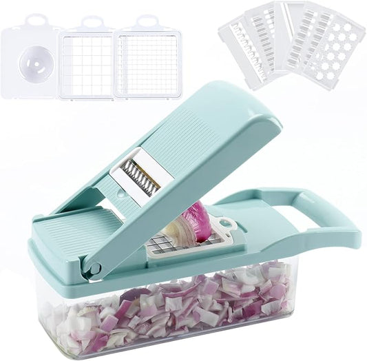 Vegetable Chopper, Cambom Multifunctional Vegetable Cutter Onion Chopper Mandoline Slicer Dicer with Colander Basket and Container 8 Interchangeable Blades