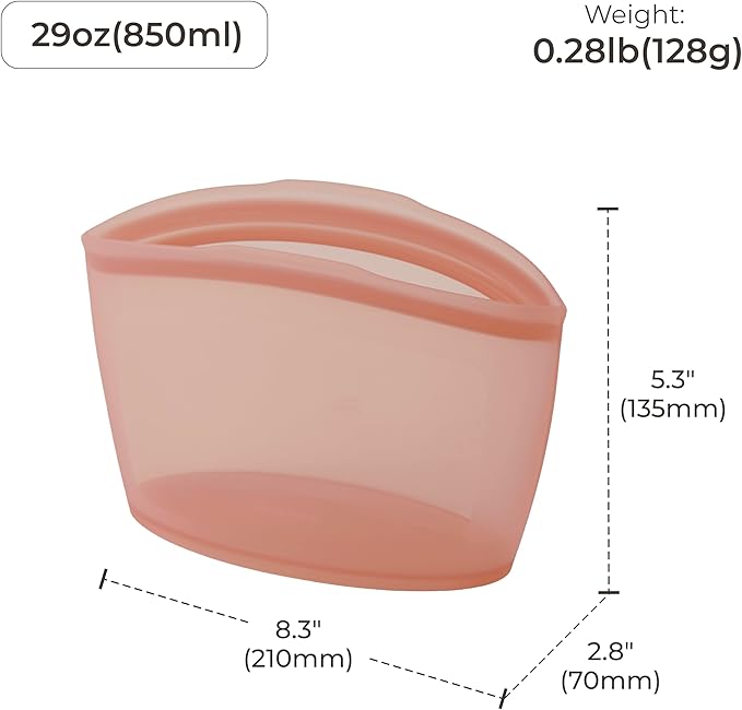 Platinum Silicone Food Grade Reusable Storage Bag, 3.6Cup Leak-Proof Airtight Seal, BPA-Free, Microwave, Freezer & Dishwasher Safe, Heat Resistant Sous Vide,Silicone Snack Bags, Dry Rose