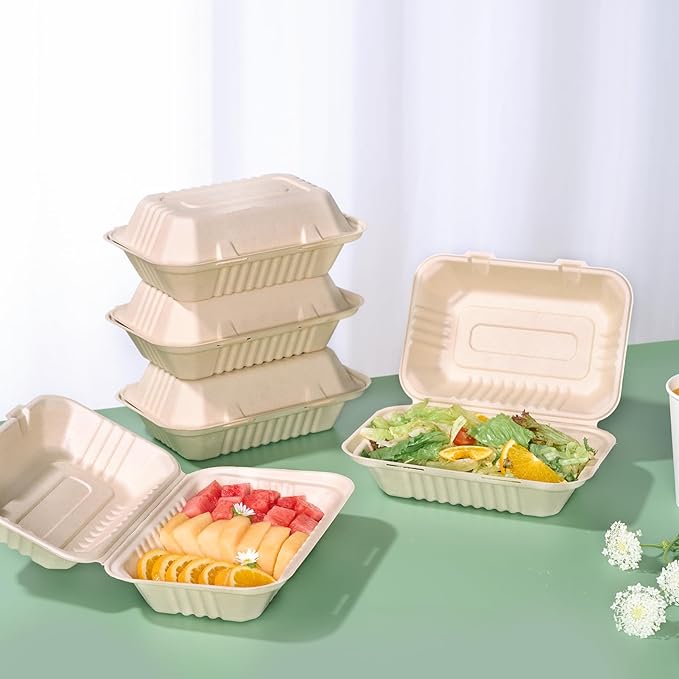 JOLLY CHEF Clamshell Take Out Food Containers, [75-Pack 9 * 6" ] To Go Containers Disposable, 100% Compostable Sugarcane To Go Boxes for Salad,Lunch