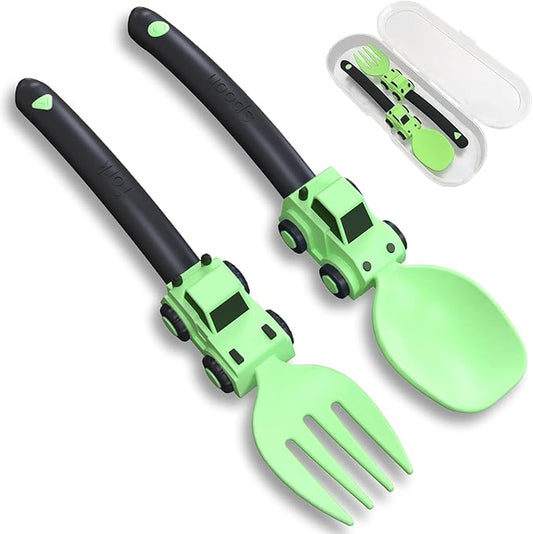 Construction Toddler Utensils - Toddler Forks and Spoons - Kids Spoon and Fork Set - Suitable for Kids Utensils - Easter Gifts, Portable Silverware Set for 1 2 3 4 5 year old Toddlers, Green