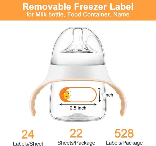 528 Pcs 1 x 2.5 Inch Baby Milk Bottle Labels Writeable, Removable Freezer Labels, 528 Food Stickers Cartoon Waterproof, Residue-Free Food Storage Label, for Kitchen, Mason Jar