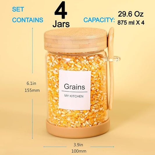 SAIOOL 4 Pack Glass Storage Containers with Bamboo Lids and Spoon,Overnight Oats Containers with Lids,with Anti Slip Silicone Base,Seasoning Organizer,Spice Jars (Bamboo 29.6OZ*4)