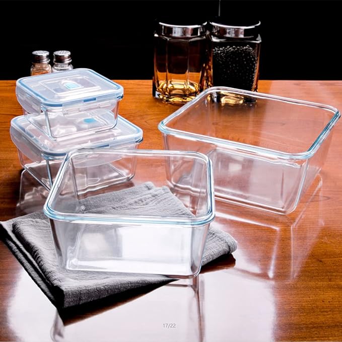 Extra Large Glass Storage Containers with Lids, Set-8-Piece Lunch Containers, Ideal for Storing Food, Vegetables, Fruits, Baking Cake & lot of other Tasty Food (Square)