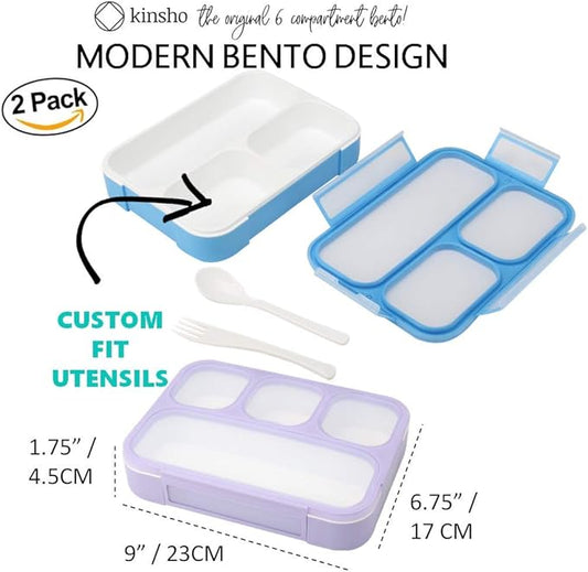 Bento Lunch Box Kids & Adult: Leakproof Lunch Containers for Boys & Girls with 3 Compartments - School, Daycare, Meal Planning Portion Control Container, BPA-Free Boxes, Utensils | Blue Purple 2 pack