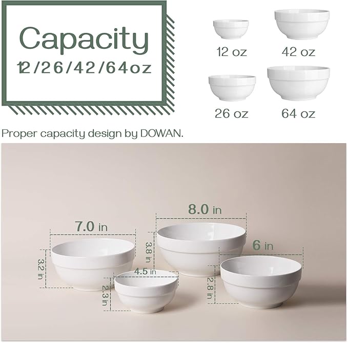 DOWAN Serving Bowls, 64/42/22/12 Oz Serving Dishes for Entertaining, White Porcelain Nesting Bowls Set, Microwave & Dishwasher Safe, Versatile Prep Bowls for Fruit Salad Pasta Ice Cream Dessert Cereal