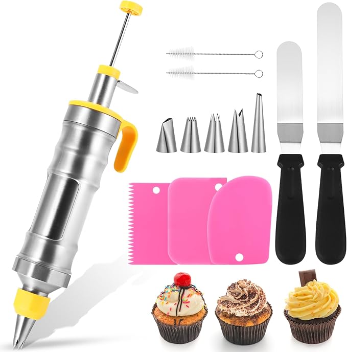 Icing Decoration Gun Set, Stainless Steel Dessert Decorating Syringe Set, Cupcake Frosting Filling Injector with 6 Icing Nozzles, 3 Cream Scraper, 2 Offset Spatula, 2 Nozzle Brush for Kitchen Baking