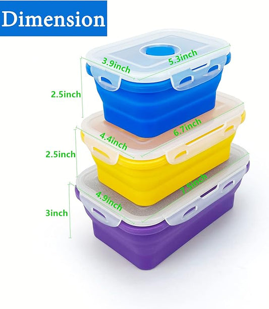 Camping Travel Collapsible Food Storage Container with Lids, Stackable Silicone Storage Containers Meal Prep Containers with Ideal Portion 350ml-540ml-800ml, Microwave Safe,3Piece