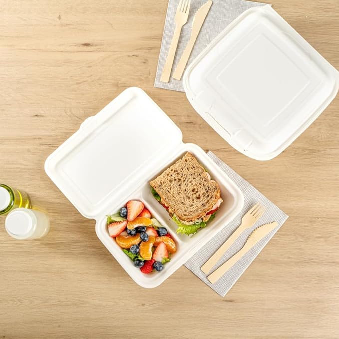 Restaurantware Pulp Safe No PFAS Added 34 Ounce Clamshell Boxes 100 Disposable Containers - Home Compostable 2 Compartments White Bagasse Containers Microwavable And Freezable Hinged Lid