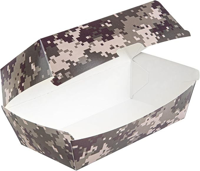 Restaurantware Bio Tek 6.7 x 3.5 x 3.5 Inch Clamshell Food Containers 100 Disposable Sandwich Containers - Hinged Lid Tab-Lock Closure Camouflage Paper Hot Dog Containers Durable Greaseproof