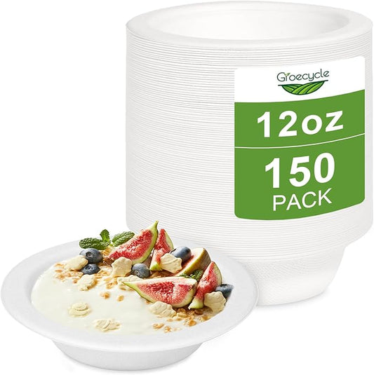 12 oz Disposable Paper Bowls, 150 Pack Bowls Disposable Heavy Duty, Compostable Paper Bowl With White Bagasse, Biodegradable Soup Bowls for Salad, Ice Cream, Dessert