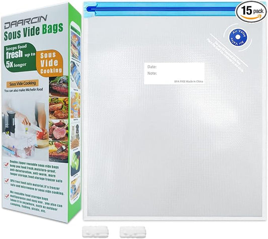 Large Sous Vide Bags,15pcs10.2x13.4in/26 * 34cm BPA Free Reusable Vacuum Sealer Bag,Keep Food Fresh, with 2 Sealing Clips