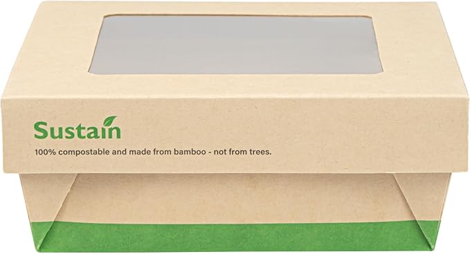 Restaurantware-27 Ounce Sturdy Paper Take Out Boxes, 50 Disposable Take Out Food Containers - With PLA lining, Paper Lid With Clear PLA Window, Bamboo Paper Containers, Compostable, Greaseproof