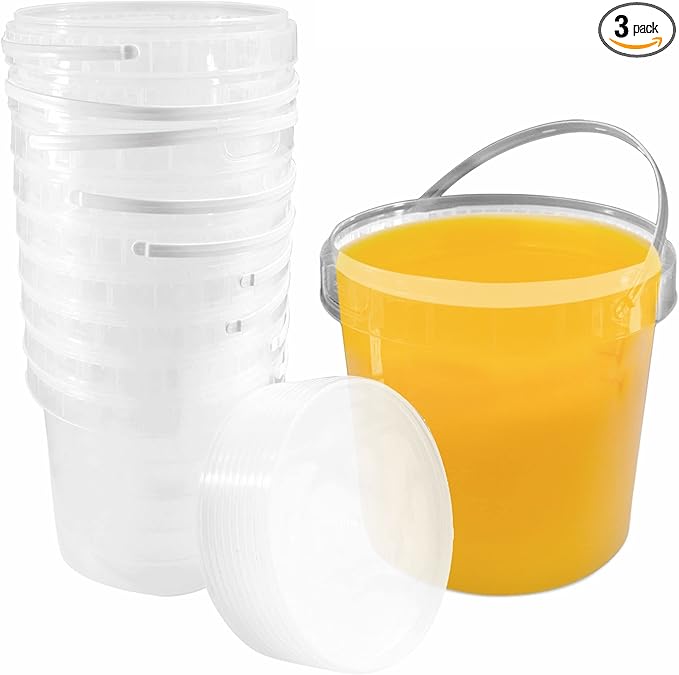 1 Gallon (128 oz) Clear Plastic Bucket with Lid and Handle (3 Pack), Ice Cream Tub with Lids - Food Grade Freezer and Microwave Safe Food Storage Containers, Round Plastic Pail Container, BPA Free