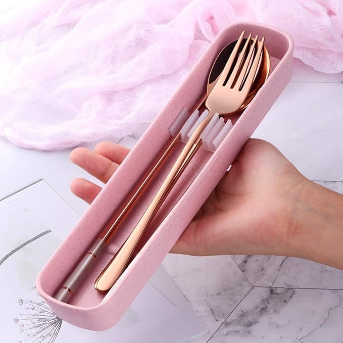 3 Piece Portable Flatware Set, Chopsticks, Fork and Spoon with Travel Case, Rose Gold