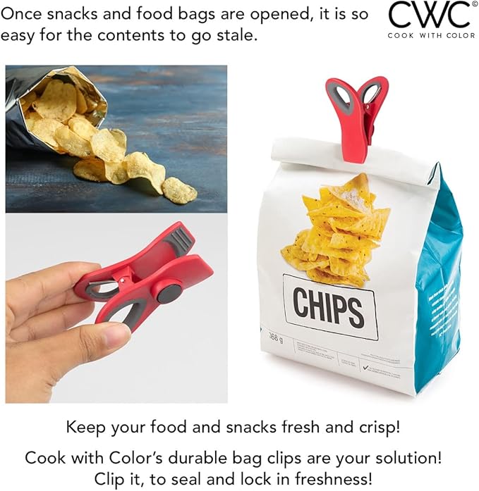 COOK WITH COLOR Bag Clips with Magnet- Food Clips, Chip Clips, Bag Clips for Food Storage with Airtight Seal Grip for Bread Bags, Snack Bags and Food Bags (Red, Pack of 10)