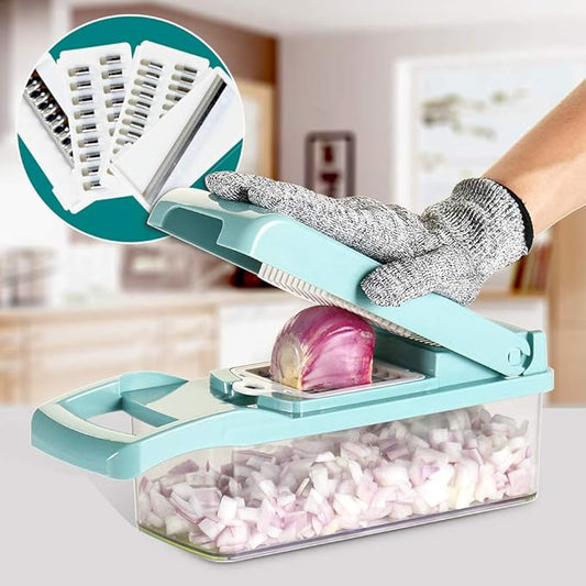 Vegetable Chopper, Cambom Multifunctional Vegetable Cutter Onion Chopper Mandoline Slicer Dicer with Colander Basket and Container 8 Interchangeable Blades