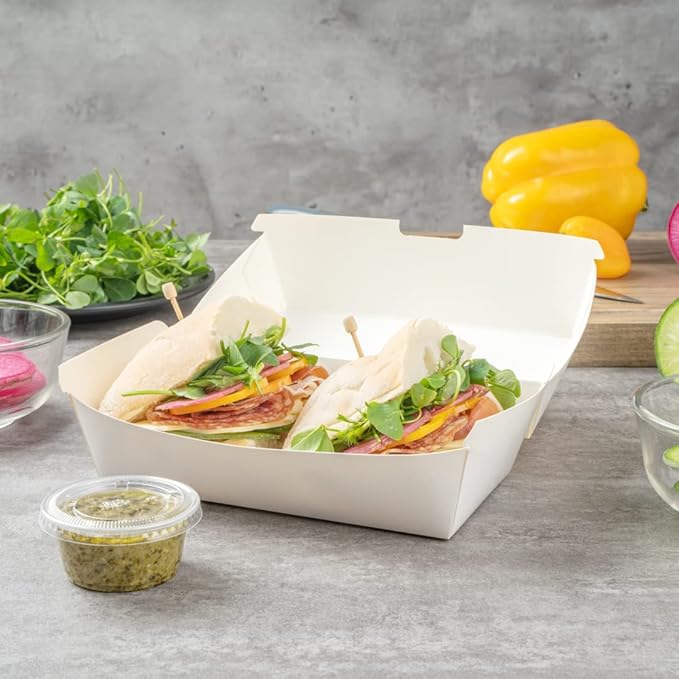 Restaurantware Bio Tek 6.7 x 3.5 x 3.5 Inch Clamshell Food Containers 100 Disposable Sandwich Containers - Hinged Lid Tab-Lock Closure White Paper Hot Dog Containers Recyclable Greaseproof